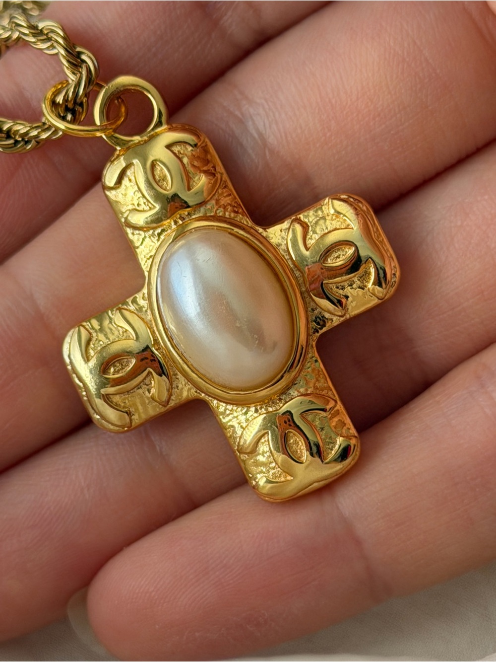 Gold Chanel Cross CC Pendant Necklace with Pearl Center - Picture 11 of 17